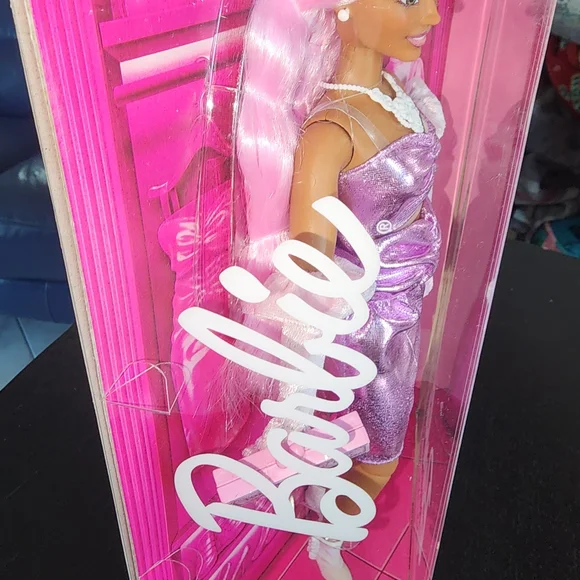 Barbie Metallic Pink Dress with White Gloves and Headband - Picture 2 of 5